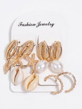 3/$20 NWT | 4 Pair Gold Sea Shell Cowrie Starfish Pearl Hoop Earring Set Beachy